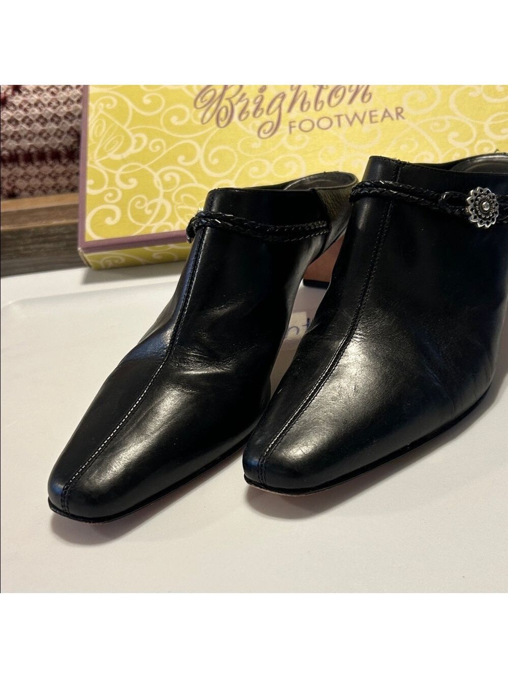 Brighton Black Leather Mules with Silver Accent. Size 9M. Good condition